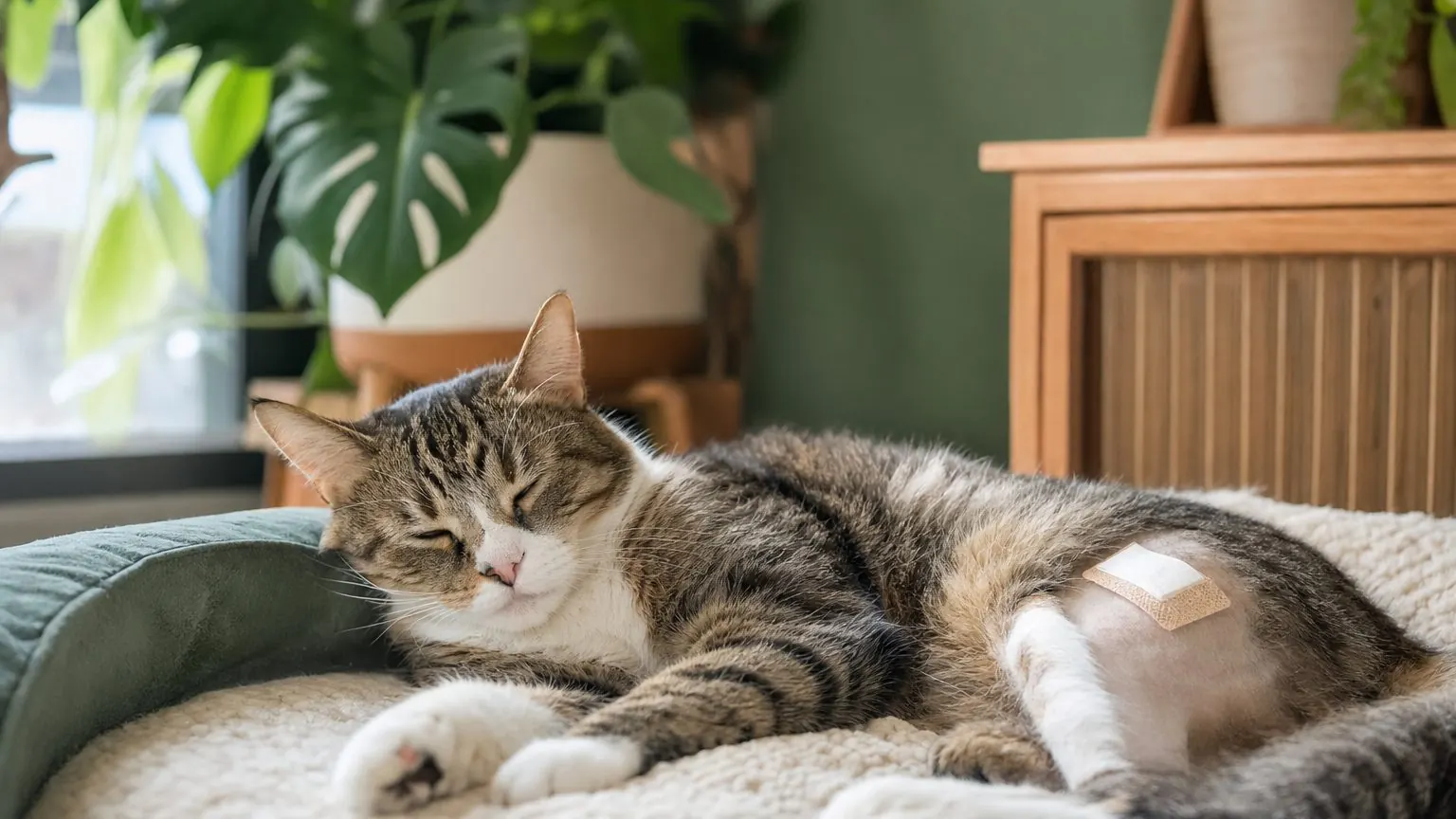 Chat calme qui se repose à la maison après son vaccin, une réaction normale