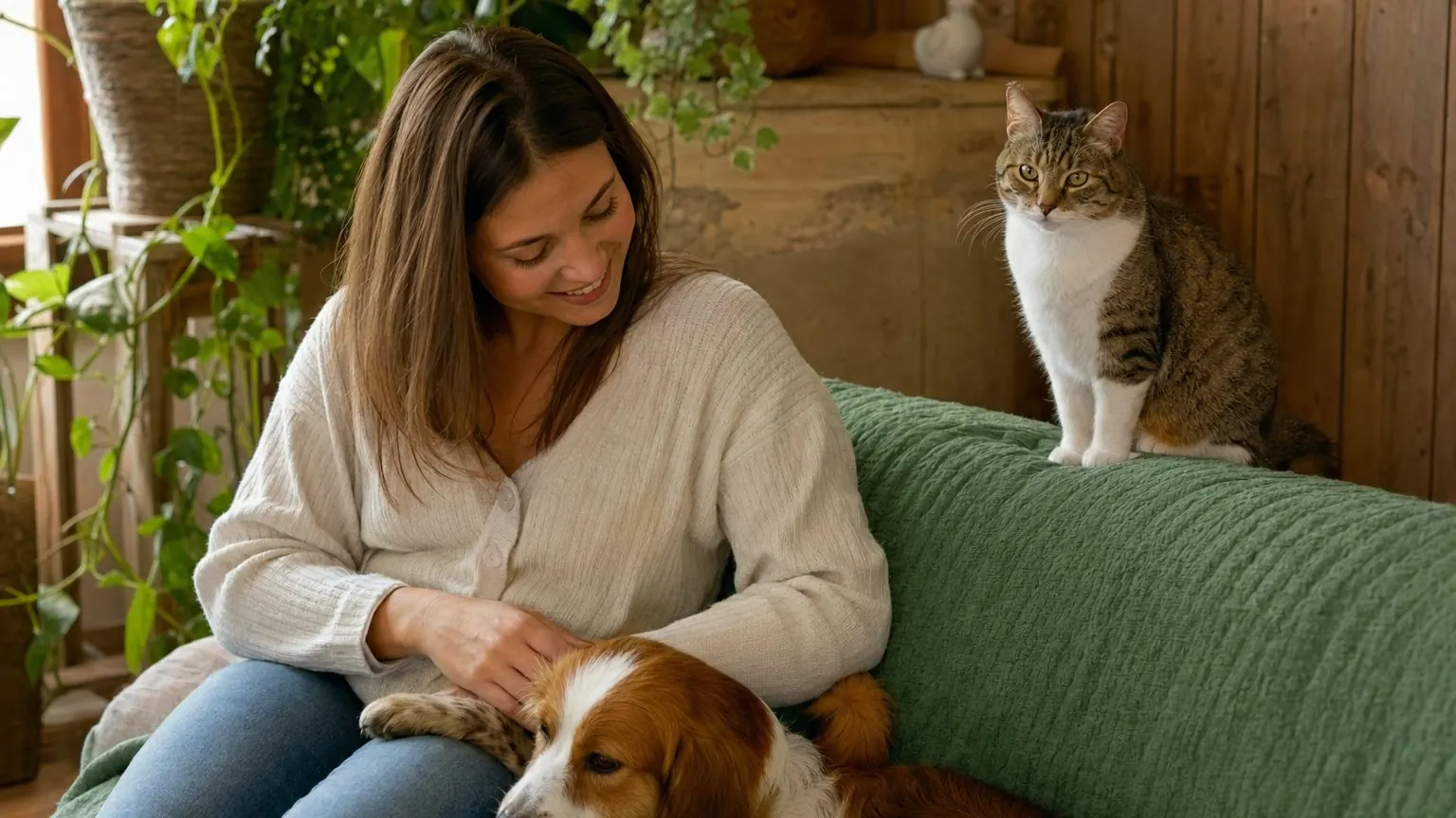 Chat possessif qui observe sa maîtresse caresser un autre animal avec méfiance